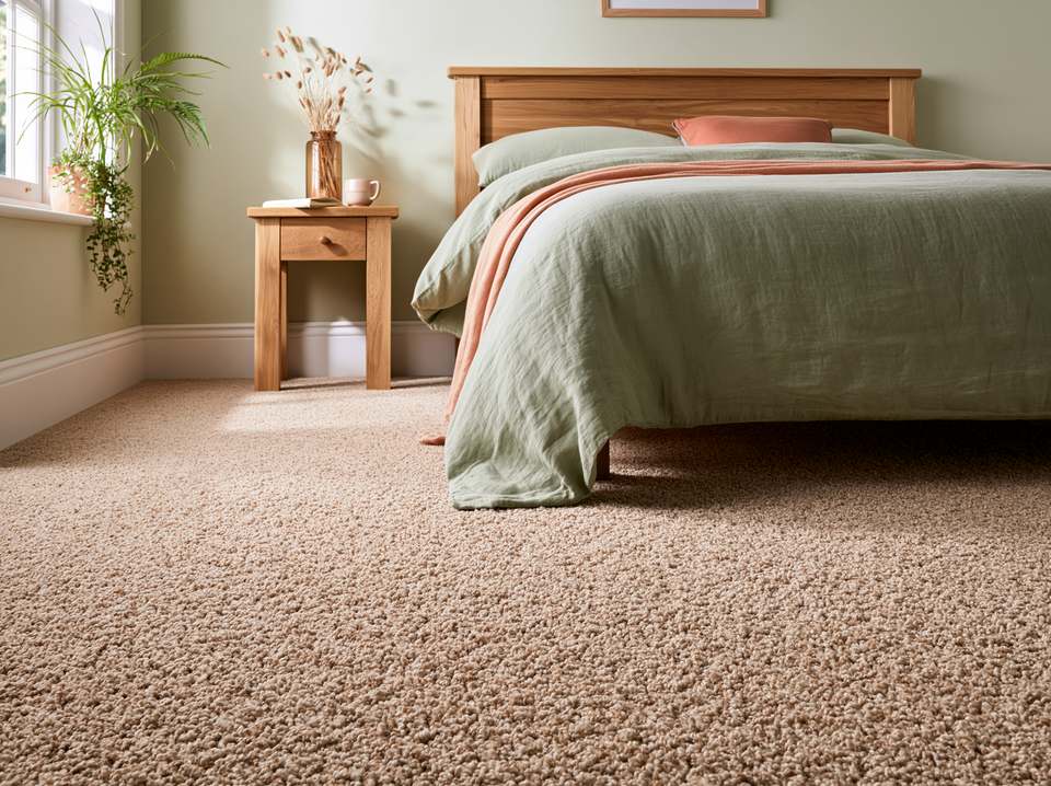 Oatmeal twist-pile carpet in a bedroom with an oak bed and sage-green bedding