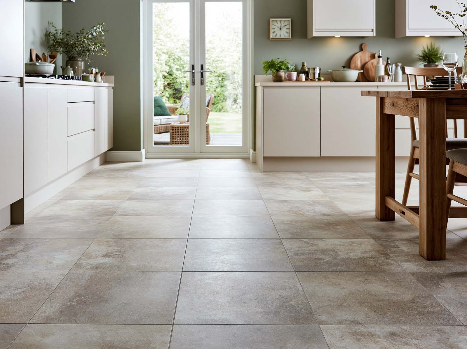 Stone-effect luxury vinyl tile flooring in a kitchen-diner with sage-green walls